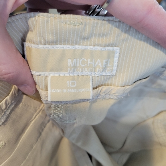 Michael Kors Women's 10 Khaki Tan Cropped Work Dress White Pinstripe Business - Picture 9 of 10